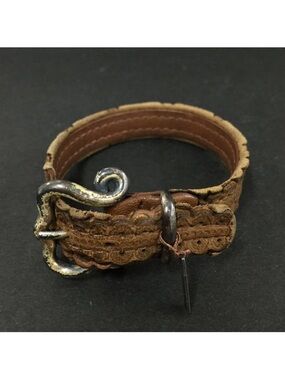 Vintage Bottega Veneta Brown Embossed Leather Cuff Bracelet with Silver Buckle👝